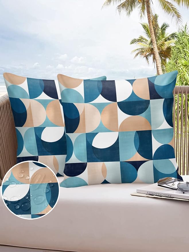 Vandarllin Outdoor Throw Pillows Covers 26x26 inch Set of 2 Waterproof Mid Century Geometric Decorative Zippered Cushion Covers for Patio Furniture, Abstract Modern Blue Lumbar Pillowcases