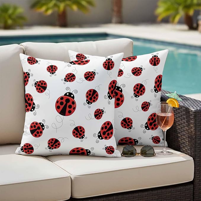 Cartoon Ladybug Outdoor Pillow Covers 16x16 Inch Throw Pillow Covers Set of 2 Waterproof Decorative Pillow Cases Funny Animals Dot Modern Simple Cushion Covers for Patio Furniture Garden Couch Sofa