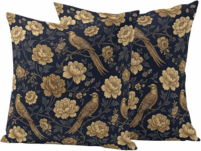 Vintage Gold Navy Blue Floral Outdoor Pillow Covers 18"x18" Set of 2, Bird Peony Flower Traditional Waterproof Throw Pillow Covers for Patio Furniture, Decorative Cushion Covers for Porch
