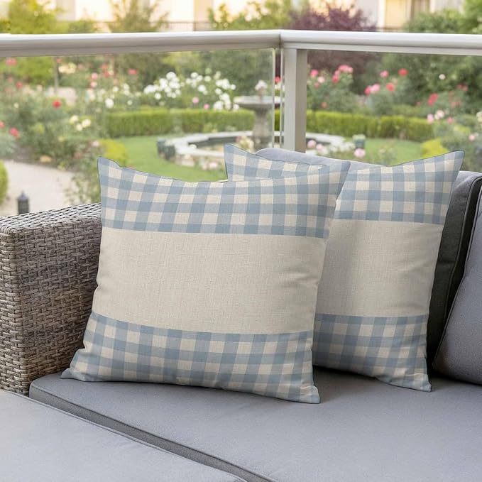 Retro Blue Outdoor Waterproof Pillow Covers, Farmhouse Buffalo Plaid Vintage Beige Decorative Square Throw Pillowcase Sofa Cushion Sham for Patio/Couch/Chair, 24"x24" 2 Pack