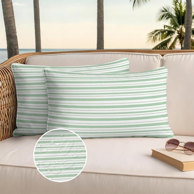 Green Vertical Stripes Waterproof Outdoor Pillow Covers Set of 2 Home Decor, Spring Pinstripes Apricot Lines Lumbar Pillowcase Patio Pillow Covers for Couch Bench Patio Furniture Garden 20x12in