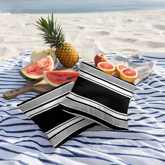 Vandarllin Outdoor Throw Pillows Covers 18x18 inch Set of 2 Waterproof Black Stripes Decorative Zippered Cushion Covers for Patio Furniture, Striped Lines Lumbar Pillowcases