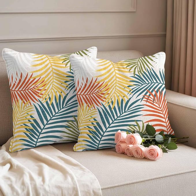 Yellow Green Palm Leaves Outdoor Pillow Covers 20"x20" Set of 2, Summer Botanical Vintage Tropical Leaf Rustic Waterproof Throw Pillow Covers for Patio Furniture, Decorative Cushion Covers for Porch