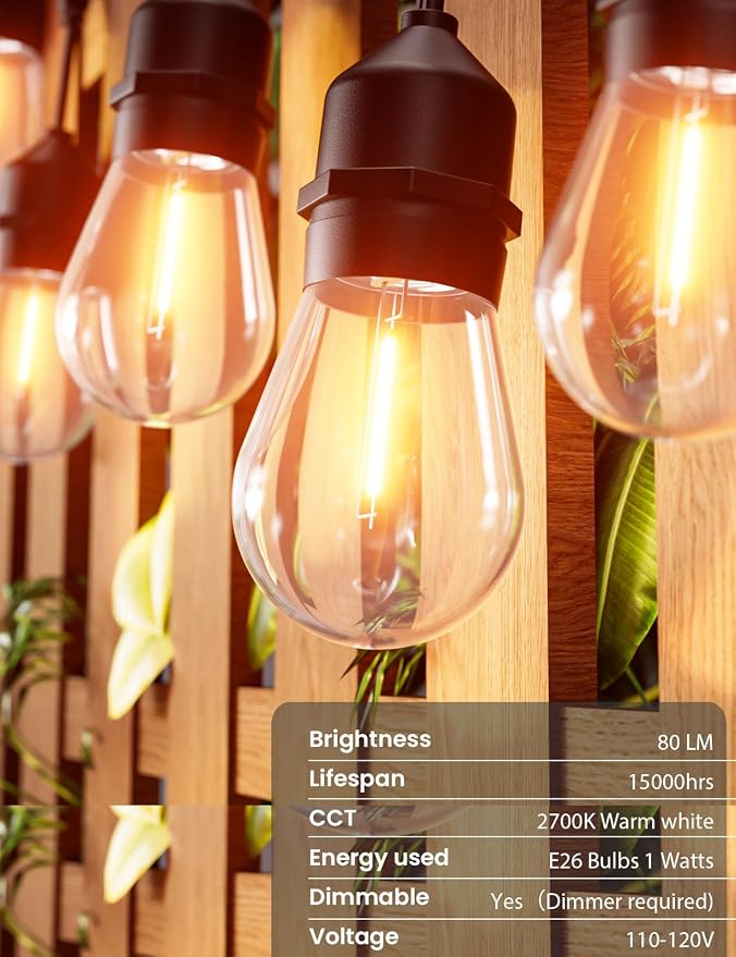 Svater Outdoor String Lights LED 36 FT S14 Commercial Grade Waterproof ETL | Outside Patio Light with Plastic 1 Watt Antique Edison E26 Bulbs, Connectable Hanging Strand for Bistro Cafe Backyard 2700K