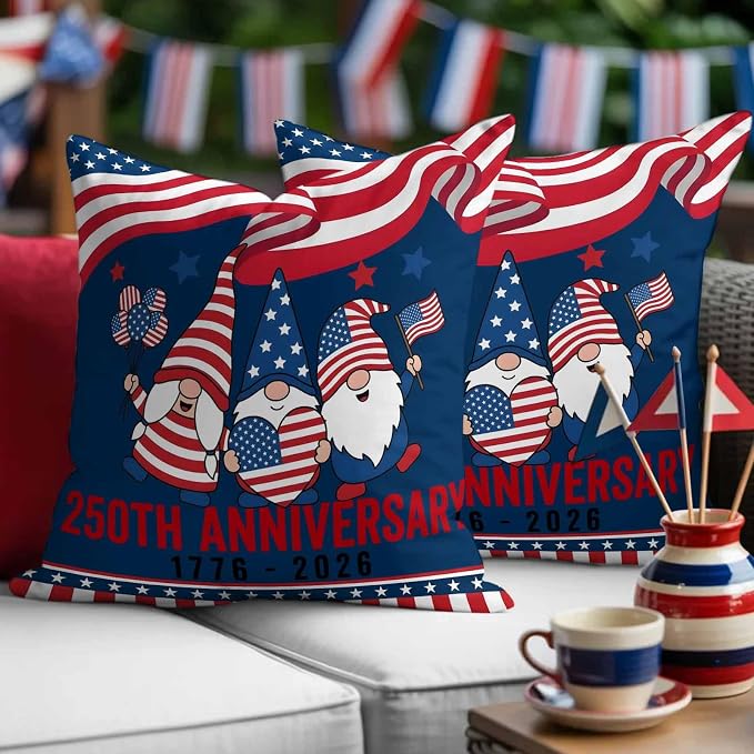250th Anniversary Outdoor Pillow Covers 20"x20" Set of 2, Patriotic Gnome USA Flag Independence Day Waterproof Throw Pillow Covers for Patio Furniture, Decorative Cushion Covers for Porch