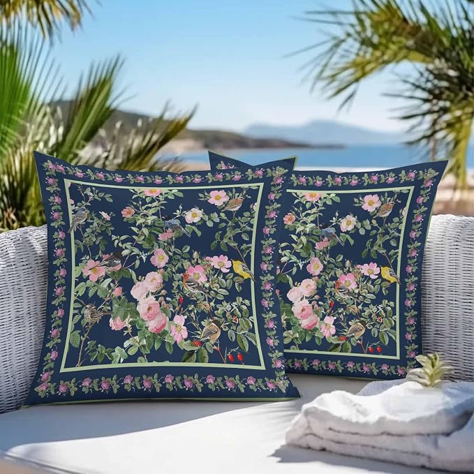 Vandarllin Outdoor Throw Pillows Covers 18x18 inch Set of 2 Waterproof Pink Floral Bird Decorative Zippered Cushion Covers for Patio Furniture, Green Leaves Branches Navy Blue Lumbar Pillowcases