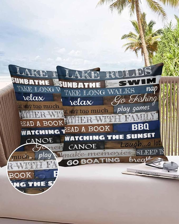 Vandarllin Outdoor Throw Pillows Covers 18x18 inch Set of 2 Waterproof Lake Rules on Wood Grain Decorative Zippered Cushion Covers for Patio Furniture, Rustic Text Wooden Lumbar Pillowcases