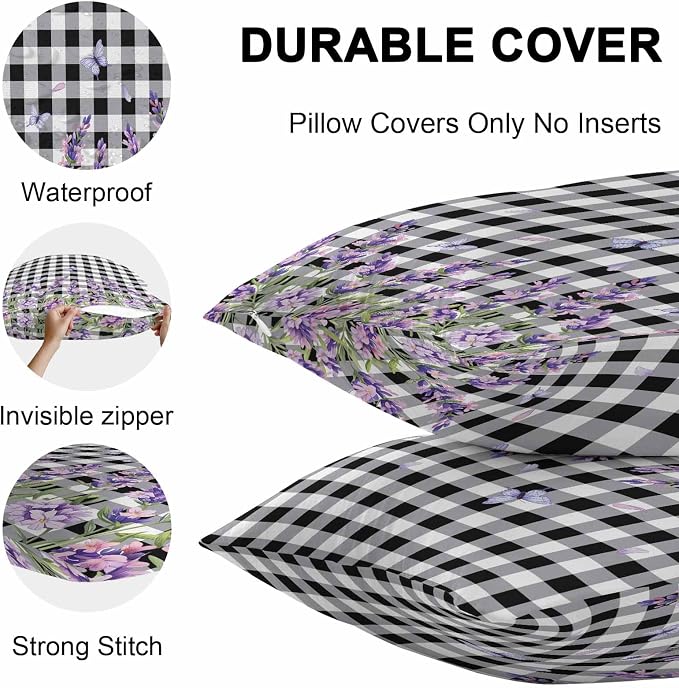Vandarllin Outdoor Throw Pillows Covers 20x12 inch Set of 2 Waterproof Purple Lavender Flower Decorative Zippered Cushion Covers for Patio Furniture, Butterfly Black Buffalo Plaid Lumbar Pillowcases