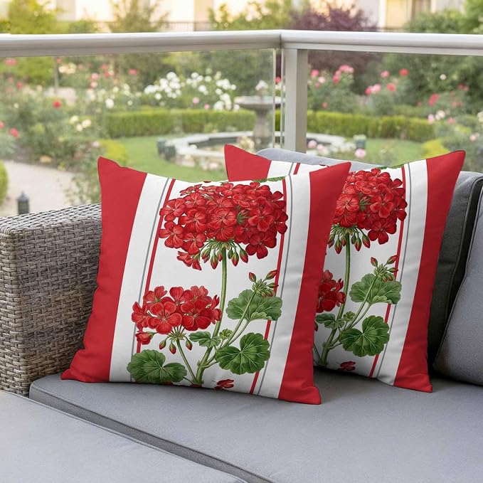 Flower Outdoor Waterproof Throw Pillow Covers 26"x26" Set of 2, Geranium Red Floral Summer Plant Spring Decorative Garden Pillowcase with Zipper Cushion Case for Patio Couch Tent