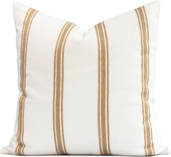 Modern Farmhouse Fall Linen Indoor Outdoor Throw Pillow Cover Only, 20"x20" Water Repellent for Patio, Backyard, Couch, Neutral Ivory Cream Embroidered Stripes