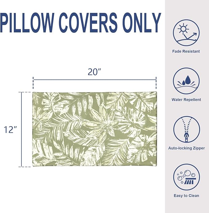 12x20 Inch Outdoor Lumbar Pillow Covers Pack of 2, All Weather Cushion Pillow Cases, Pillowcase for Patio Couch Decoration, Tropical Leaf Green