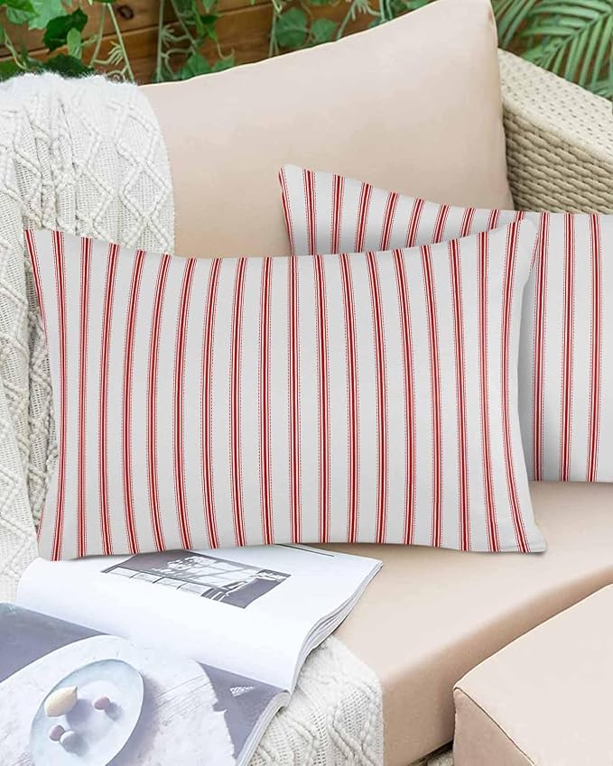 Outdoor Waterproof Throw Pillow Covers Set of 2 Red Stripes Lumbar Pillowcases 20x12 Inches Red Beige Vertical Striped Patio Decorative Pillows Cushion Case Patio Pillows for Couch Bed Chair Garden