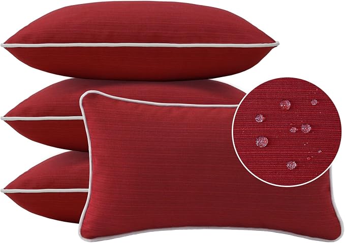 Unimatta Decorative Outdoor Water Repellent Throw Pillows with Inserts, Set of 4, 20" x12" Pillows for Patio, Backyard, Bed, Couch, and Patio Furniture, Red