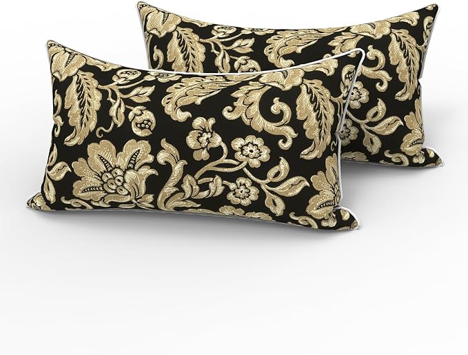 LVTXIII 2 Pack Outdoor Lumbar Pillows 12x20 Inch with White Piping, Fade Resistant Support Throw Pillows with Inserts for Patio Furniture, Sofa, Chair, Jacobean Black