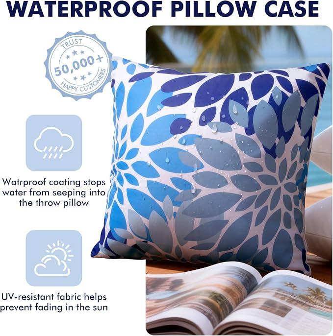 18x18 Waterproof Outdoor Pillows, Set of 2 Outdoor Throw Pillows | Patio Furniture Pillows, Fluffy Decorative Pillows, Waterproof &Fade Resistant, Removable & Washable, Dark Blue
