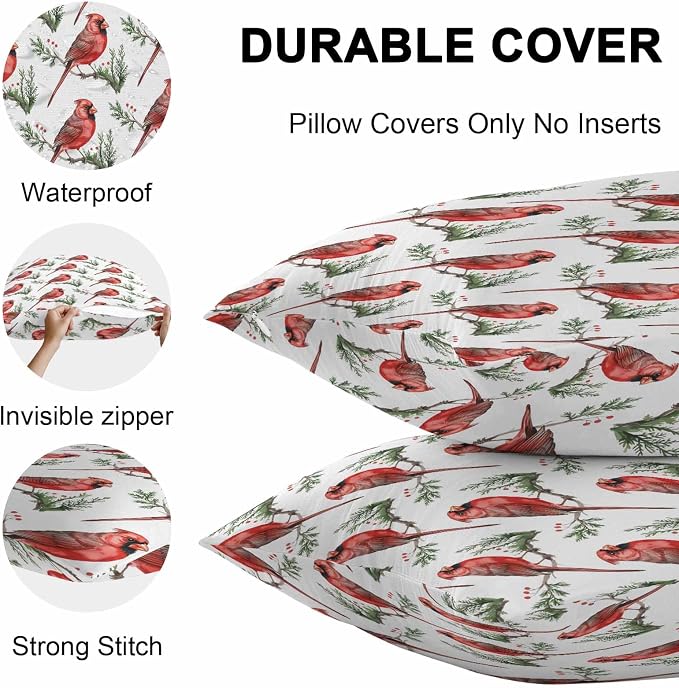 YOKOU Outdoor Waterproof Throw Pillow Covers, Christmas Red Bird on Pine Branches Berries Cardinal Pillowcases Cushion Covers Cases for Patio Couch Bench, Pack of 2 Square, 18X18 Inch