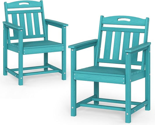 Set of 2 Weatherproof Patio Chairs - HDPE Outdoor Dining Chairs with Wide Seat, Ergonomic Design - for Garden, Backyard, Deck - Lake Blue