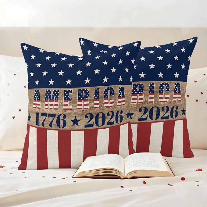 250th Anniversary Outdoor Pillow Covers 18"x18" Set of 2, Waterproof Throw Pillow Covers for Patio Furniture, USA Flag Red Striped Blue Star Retro Decorative Cushion Covers for Porch