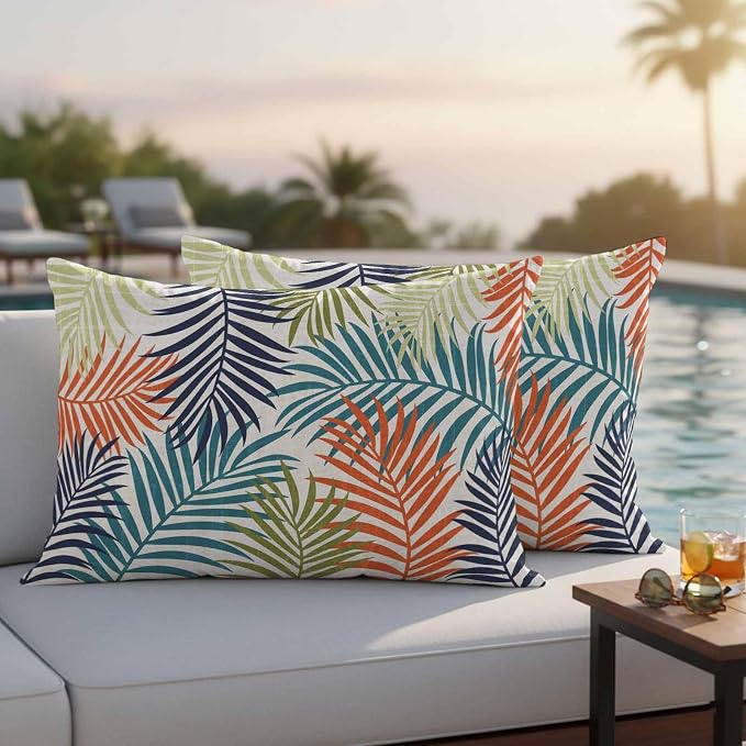 Green Blue Palm Leaves Outdoor Pillow Covers 20"x12" Set of 2, Summer Botanical Vintage Tropical Leaf Rustic Waterproof Throw Pillow Covers for Patio Furniture, Decorative Cushion Covers for Porch