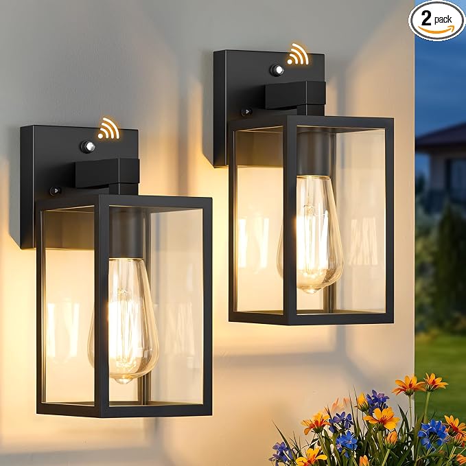FOLKSMATE 2 Pack Dusk to Dawn Outdoor Wall Light Fixtures, Exterior Porch Light, Waterproof Wall Sconces Lanterns, Sensor Lighting Wall Mount for House Doorway Garage, Black