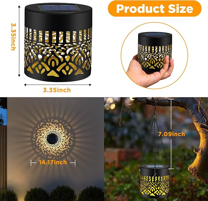 2 Pack Solar Fence Lights Outdoor, Metal Solar Powered Wall Deck Step Light | Mandala Theme, Hanging LED Waterproof Decorative Lighting for Garden Patio Backyard Post Decor, Warm White