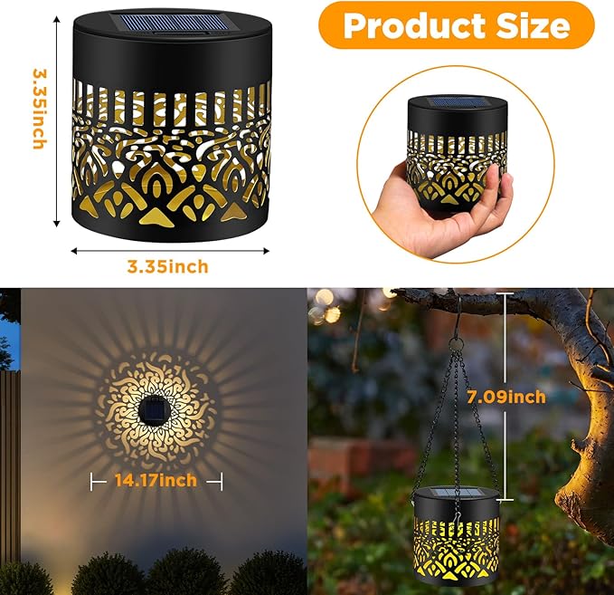 4 Pack Solar Fence Lights Outdoor, Metal Solar Powered Wall Deck Step Light | Mandala Theme, Hanging LED Waterproof Decorative Lighting for Garden Patio Backyard Post Decor, Warm White