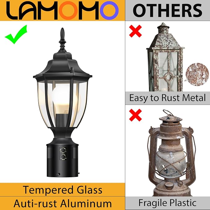 Lamomo Motion Sensor Outdoor Post Lights, Dusk to Dawn Lamp Post Light Fixture, Waterproof Aluminum Lamp Posts Outdoor Lighting Pole Lantern for Yard Patio Pathway Garden