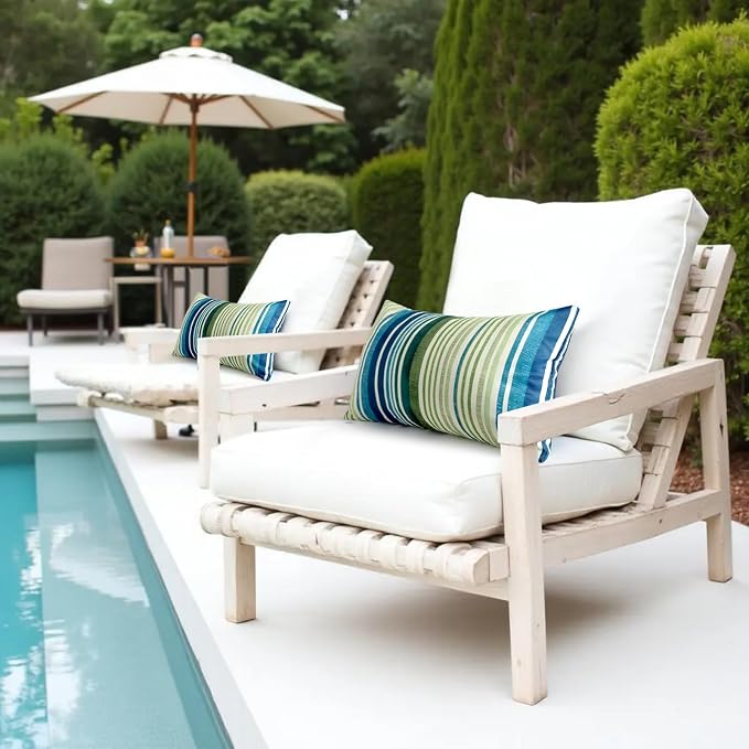 12x20 Waterproof Outdoor Pillows, Set of 2 Outdoor Lumbar Pillows | Patio Furniture Pillows, Decorative Throw Pillows, Waterproof & Fade Resistant, Removable & Washable, Stripe Blue Green
