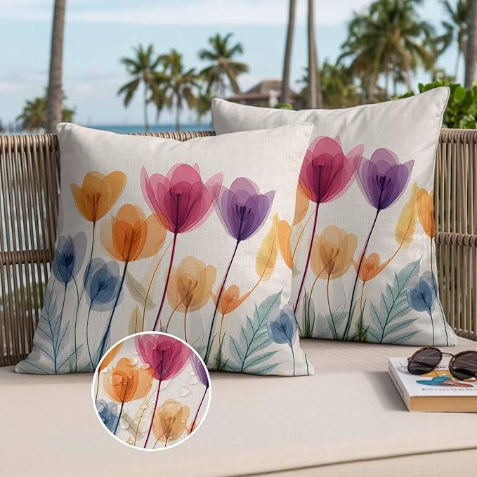 Spring Outdoor Waterproof Throw Pillow Covers Set of 2, 26"x26", Floral Cartoon Multicolor Tulips Leaf Retro Decorative Pillow Covers Outside Cushion Case for Patio Porch Garden