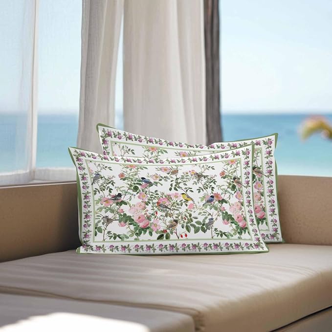 Vandarllin Outdoor Throw Pillows Covers 20x12 inch Set of 2 Waterproof Pink Floral Bird Decorative Zippered Cushion Covers for Patio Furniture, Green Leaves Branches Lumbar Pillowcases