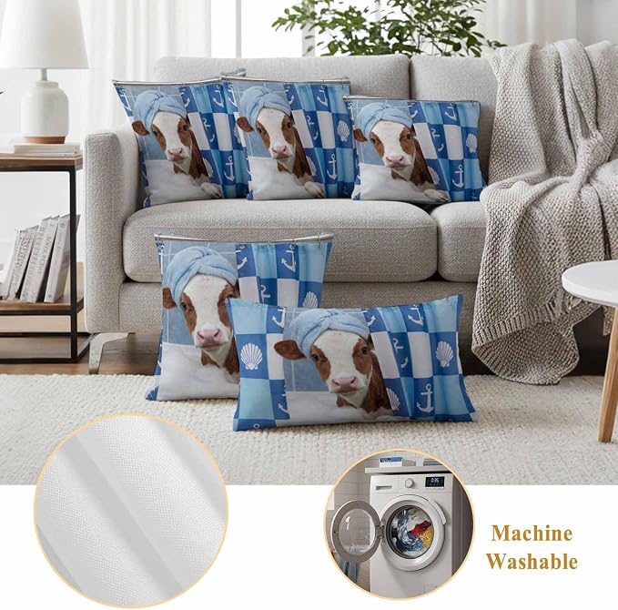 Bathing Cow Waterproof Outdoor Pillow Covers Set of 2 Home Decor, Funny Animal Showering Pillowcase Patio Pillow Covers for Couch Bench Patio Furniture Garden 18x18in
