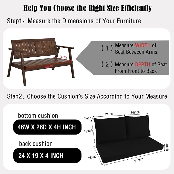 Outdoor Loveseat Cushions for Patio Furniture, Waterproof Cushion | Couch Hampton Bay Deep Seat Cushion Replacement Set 46" x 26", Patio Love Seat Sofa Cushions for Porch Garden Chair, Black