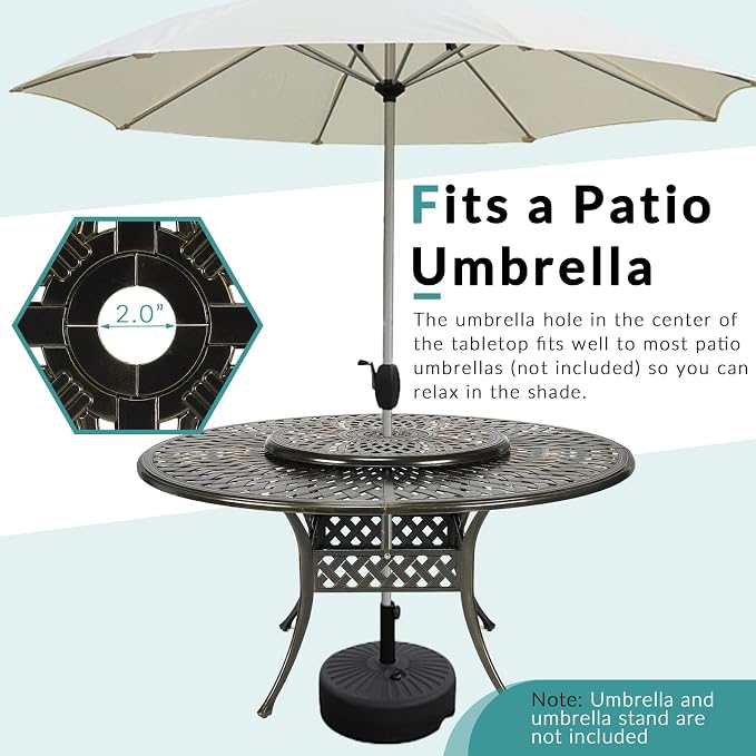 MEETWARM Outdoor 61" Round Patio Dining Table with Detachable Lazy Susan, All Weather Cast Aluminum Large Patio Furniture Table Set for 8 Seat with 31" Rotating Tray, Umbrella Hole, Dark Bronze