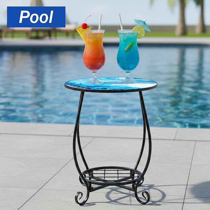 Outdoor Side Table - Double Layer Round Small Marble Pattern Patio Accent, 14 Inch Tea Coffee Metal Outside End Table for Porch Balcony Yard Patio Garden Indoor Bedroom Living Room Decor