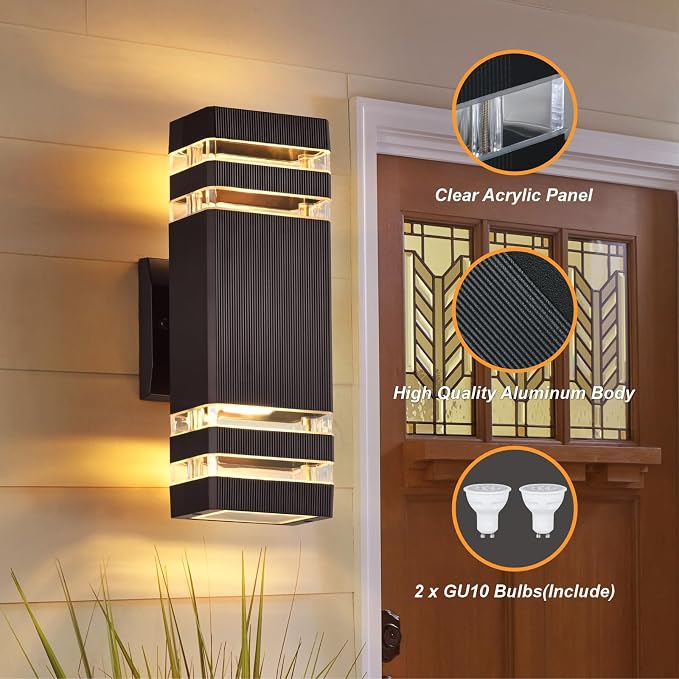 DASTOR 4 Pack Outdoor Wall Lights, Brown Exterior Lighting Fixtures Wall Mount, 2-Layer Modern Outdside Lights for House, Up and Down Outdoor Sconce Lights for Porch Patio Garage