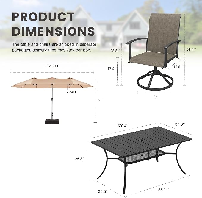 7 Pieces Patio Dining Set with Patio Umbrella, Outdoor Furniture of 59.2" Rectangular Patio Table and Patio Swivel Chairs for Backyard Lawn Garden, Black Table and Mixed Brown Chairs