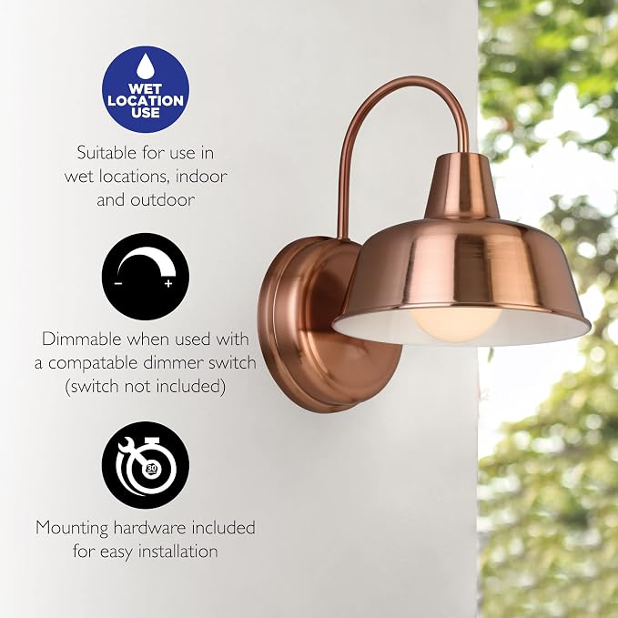 Design House Mason Farmhouse Gooseneck Barn Light, Outdoor Exterior Porch or Patio Wall Light Fixture, Copper Paint, 8 Inch Diameter, 1-Pack, 588434 | Wall Mount, Modern Farmhouse, Steel, Lighting, 588434