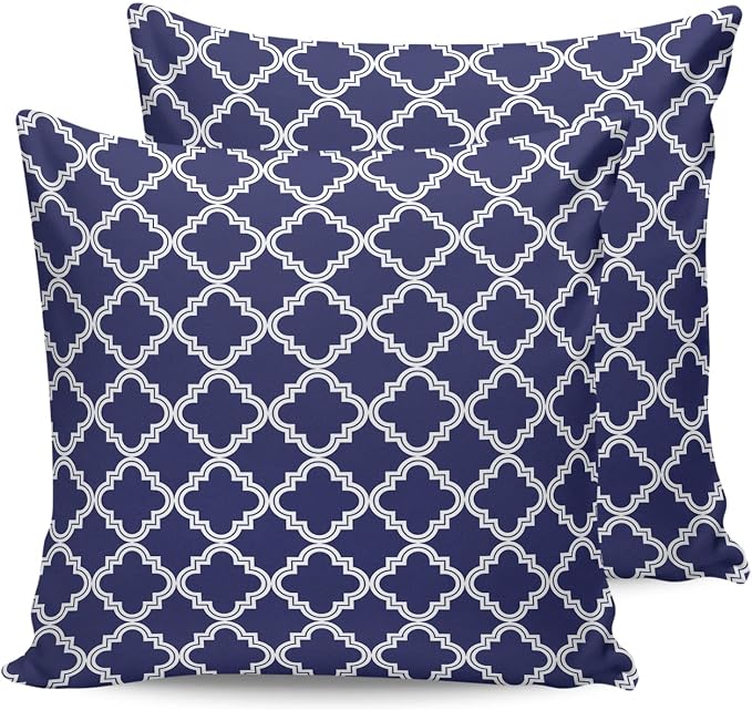 Outdoor Waterproof Pillow Covers for Patio Moroccan Pattern Decorative Throw Pillow Cover Geometric Trellis Navy Blue Pillowcases Set of 2 Cushion Case for Sofa Couch Chair Home Decor 20x20 inch