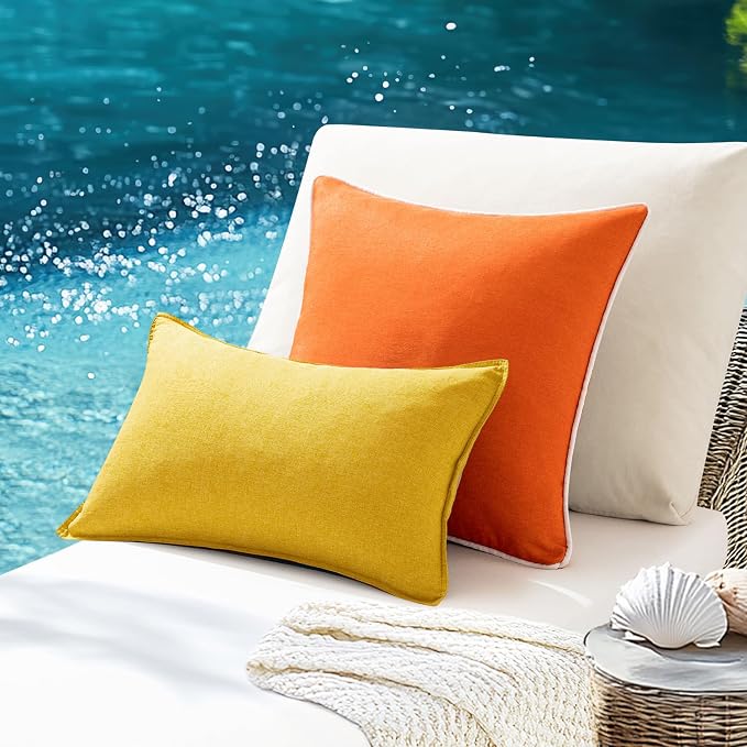 ANRODUO Set of 2 Outdoor Waterproof Pillow Covers 18x18 Inch Orange Decorative Throw Pillow Covers Linen Square Solid Color Couch Pillow Covers for Patio Tent Bed Sofa and Living Room Summer Decor
