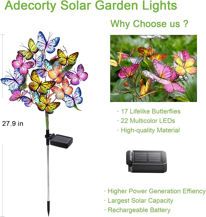Adecorty Solar Garden Lights Solar Lights Outdoor Waterproof Decorative 4 Pack with 88 LED 68 Butterfly Solar Lights for Garden Yard Decor Christmas Decorations, Gifts for Mother's Day Mom