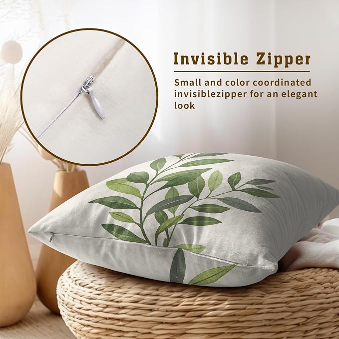 Sage Plants Leaves Pillow Covers Set of 2, 16x16 Inch Rustic Green Grey Leaf Cotton Throw Pillowcases for Couch Sofa Bed Porch Patio Cabin Cottage Home Decor