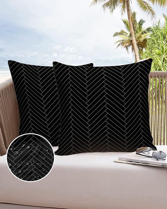 Outdoor Pillows 26x26 Waterproof Outdoor Pillow Covers, Modern Polyester Throw Pillow Covers Garden Cushion Decorative Case for Patio Couch Decoration Set of 2, Black Stripe Herringbone