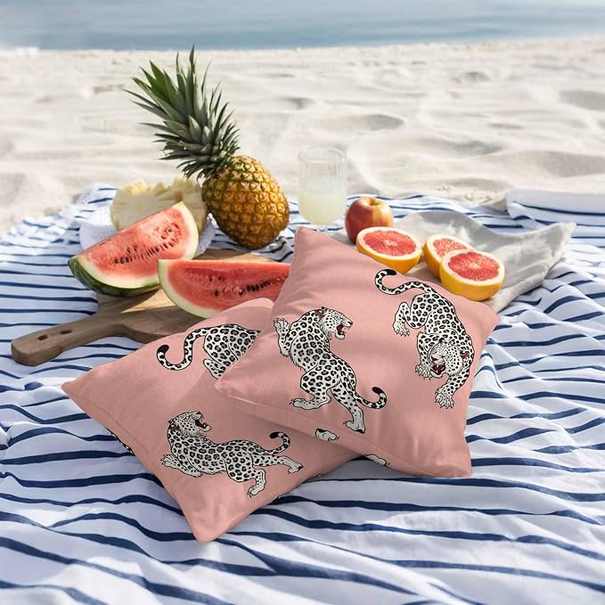 Vandarllin Outdoor Throw Pillows Covers 20x20 inch Set of 2 Waterproof Pink Leopard Decorative Zippered Cushion Covers for Patio Furniture, Bohemian Animal Print Lumbar Pillowcases