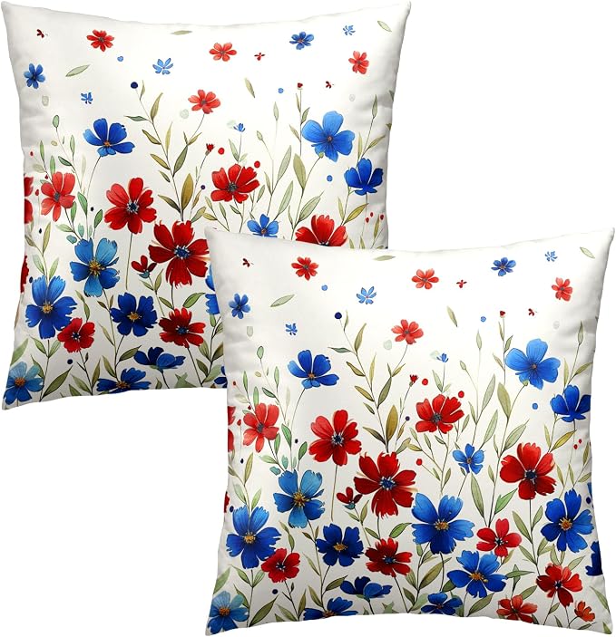 Red Blue Flowers Pillow Covers 18x18 Inch, Set of 2 Patriotic Wildflowers Leaves Summer Farmhouse Square Pillowcases Cotton Cushion Cover for Couch Sofa Bed Holiday Festival Decor
