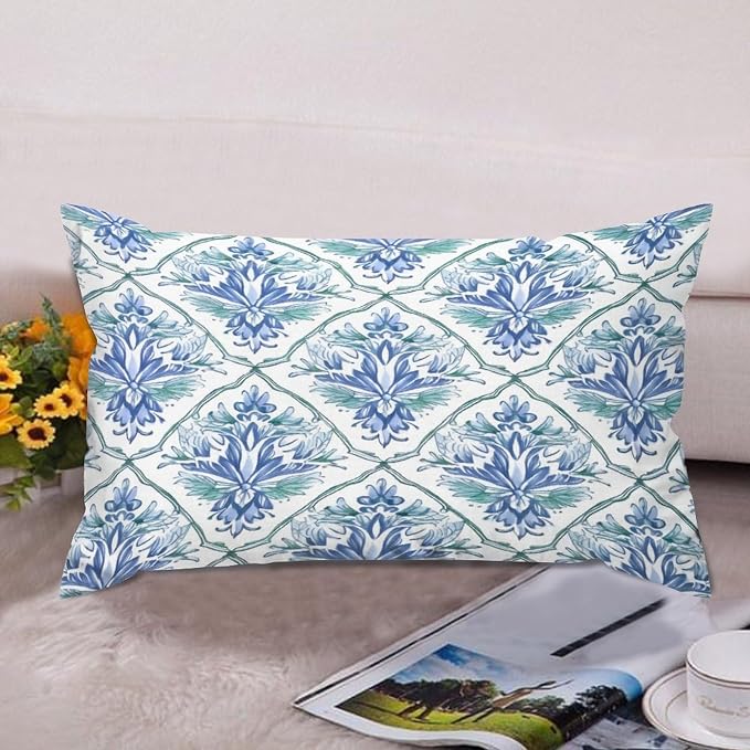 Zipped Pillow Cases for Home Decor Blue and Green Floral Pattern Throw Pillow Cover Set of 2 Farmhouse Cushion Cover Cases for Living Room Club Home Decor 12x20in