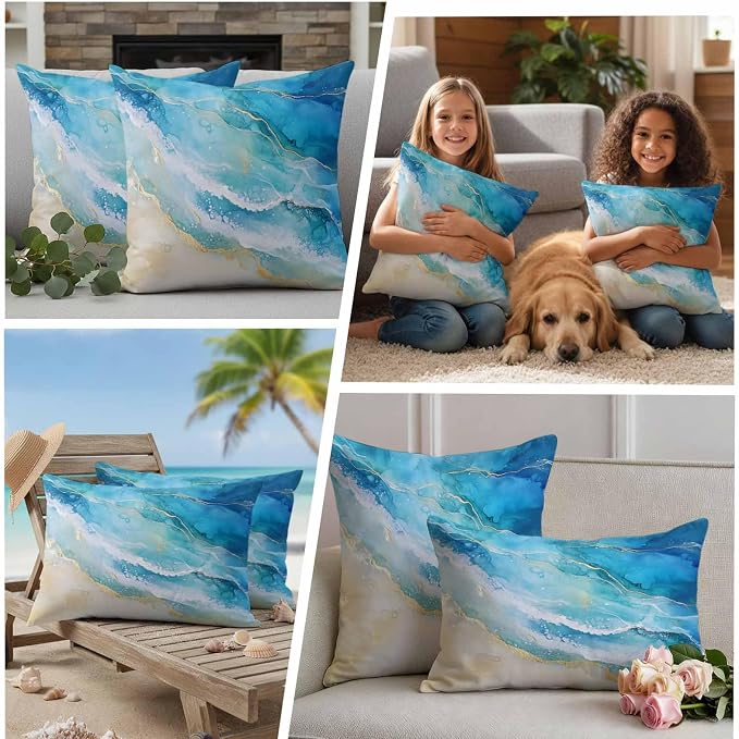 Abstract Waves Outdoor Waterproof Throw Pillow Covers Set of 2, 26"x26", Surrealism Spray Beach Ocean Watercolor Decorative Pillow Covers Outside Cushion Case for Patio Porch Garden