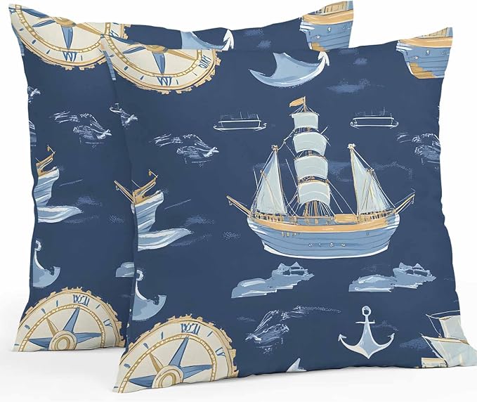 Coastal Boat on Navy Blue Outdoor Pillow Covers 20x20in Pack of 2 Waterproof Pillowcase Nautical Ocean Compass Anchor Decorative Throw Cushion Case for Patio Couch Sofa