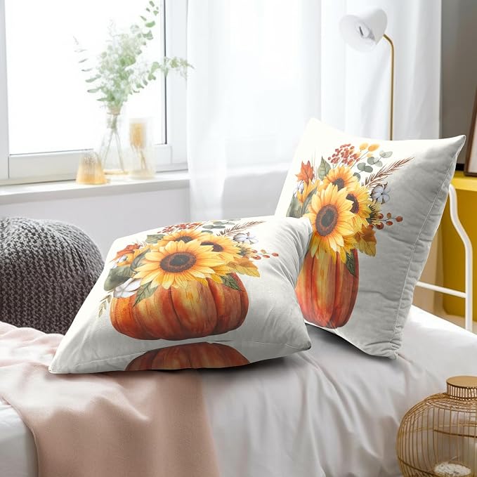 Fall Sunflower Pumpkin Pillow Cover Set of 2-22x22 Inch Autumn Flower Floral Harvest Seasonal Decorative Sofa Couch Cushion Case for Porch Patio Outdoor Indoor Home Decor