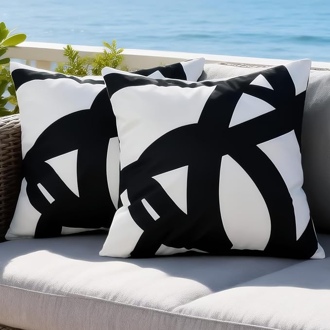 Abstract Lines Outdoor Waterproof Pillow Covers 18x18 Inch, 2 Pack | Black and White Striped Throw Pillow Cover, Modern Aesthetic Cushion Cases for Patio Garden Tent Balcony Couch Bed Sofa
