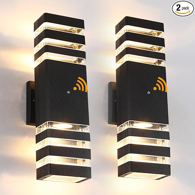 Dusk to Dawn Outdoor Wall Lights 2 Pack, IP65 Waterproof Modern Exterior Light Fixture, 3000K Warm White 3-Layer Up and Down Outdoor Wall Sconce for House Front Porch Garage